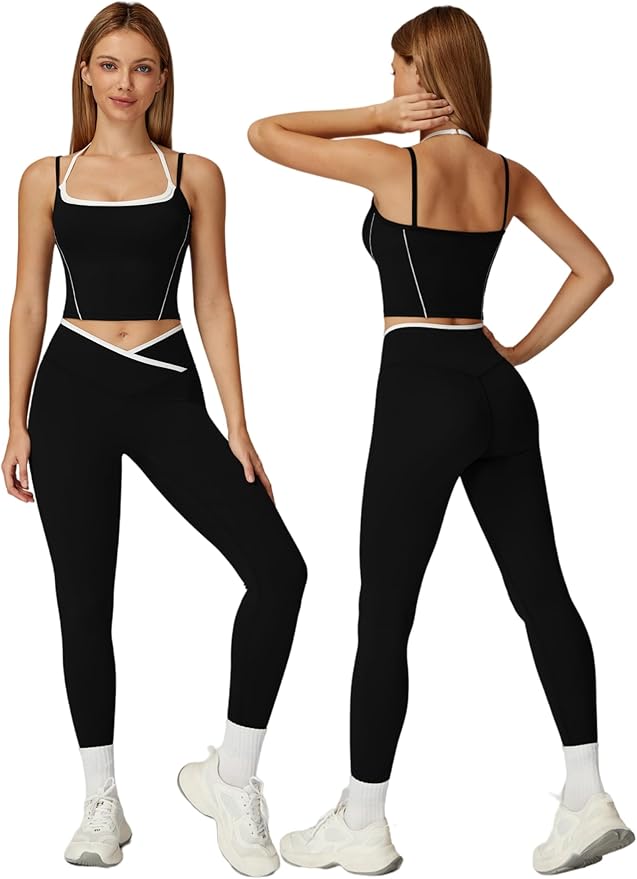 ABOCIW Workout Sets for Women 2 Piece Color Block Strappy Sports Bra High Waist Leggings Gym Yoga