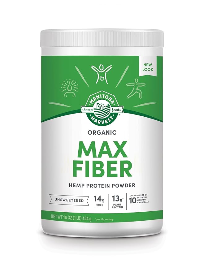 Manitoba Harvest Hemp Yeah Organic Max Fiber Protein Powder, Unsweetened, 16oz, with 13g of Fiber