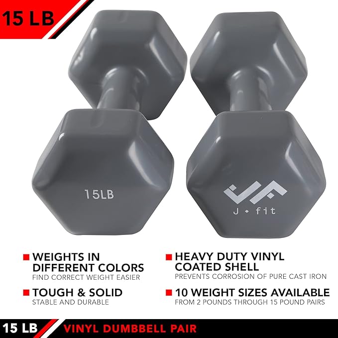 JFIT Dumbbell Pairs or Sets – Neoprene & Vinyl Coated Hand Weights for Home Gym, Strength Training