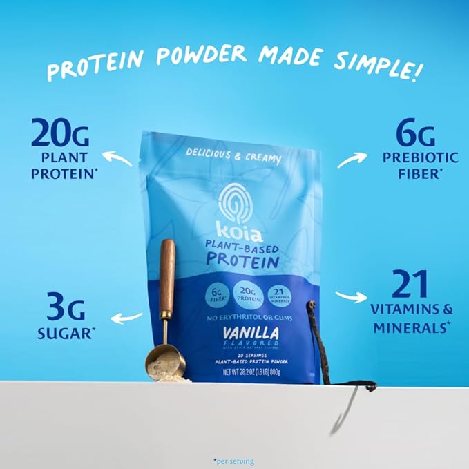 Koia Plant Based Protein Powder, Vanilla, 20g Protein, 3g Sugar, 6g Prebiotic Fiber, Pre & Post