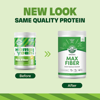 Manitoba Harvest Hemp Yeah Organic Max Fiber Protein Powder, Unsweetened, 16oz, with 13g of Fiber