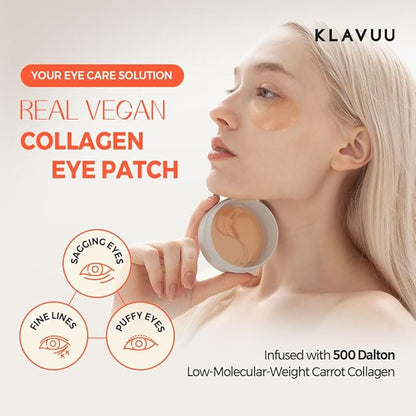 KLAVUU Real Vegan Collagen Eye Patches (60 Patches) - Korean Overnight Under Eye Mask for Puffy
