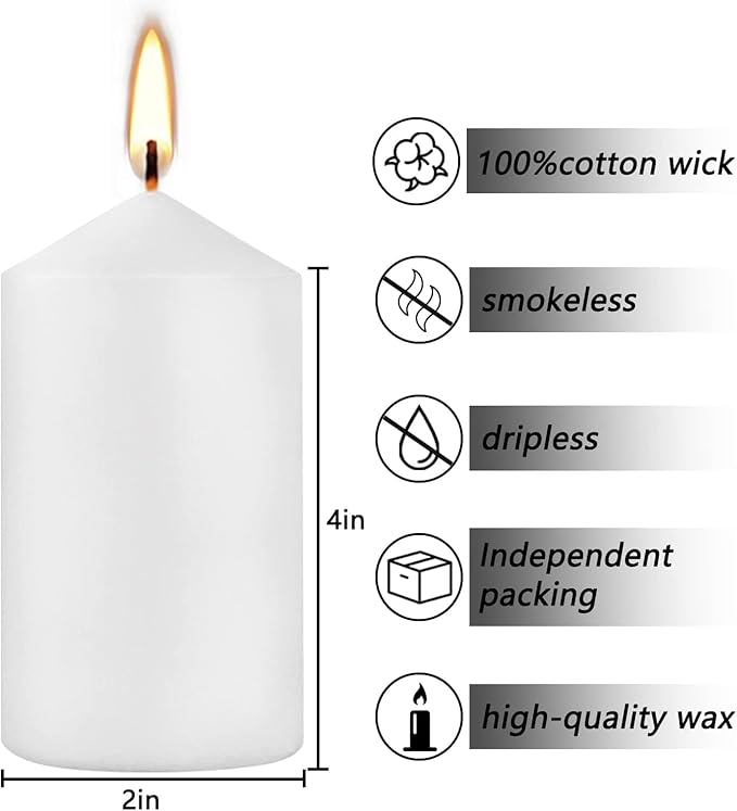 2"x4" High White Pillar Candles, Set of 20 Unscented. Bulk Buy. Ideal for Halloween, Wedding