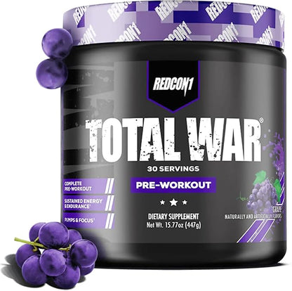 REDCON1 Total War Pre Workout, Grape - Fast Acting Caffeinated Preworkout for Men + Women with Beta