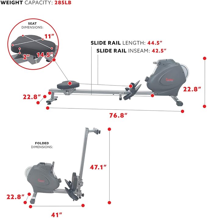Sunny Health & Fitness Rower w/Long Slide Rail, Cardio Rowing Equipment for Home Gym Training w/LCD