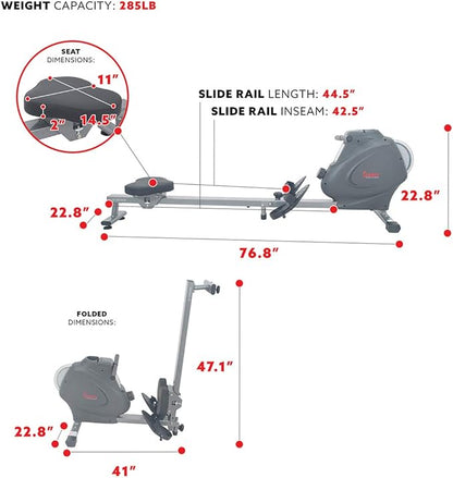 Sunny Health & Fitness Rower w/Long Slide Rail, Cardio Rowing Equipment for Home Gym Training w/LCD