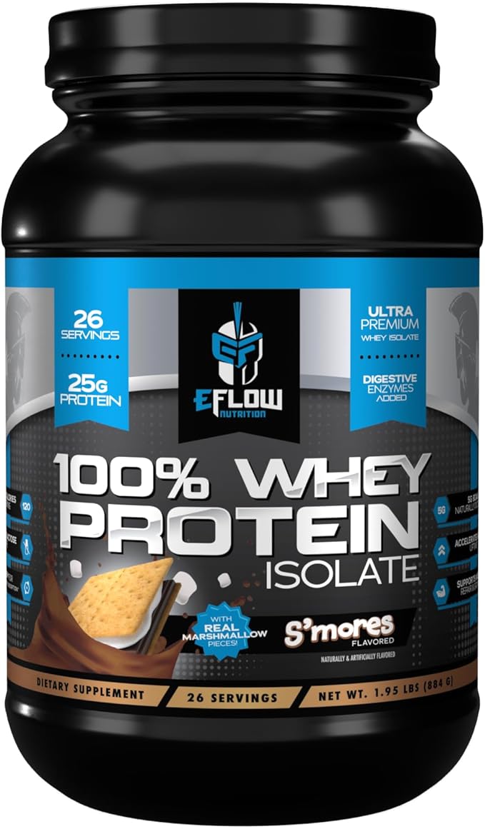 eFlow Nutrition 100% Whey Protein Isolate - Gluten & Lactose-Free Digestive Enzymes Added, Low