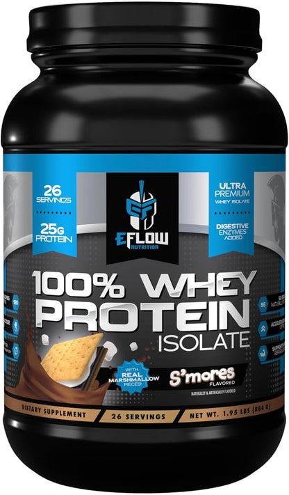 eFlow Nutrition 100% Whey Protein Isolate - Gluten & Lactose-Free Digestive Enzymes Added, Low