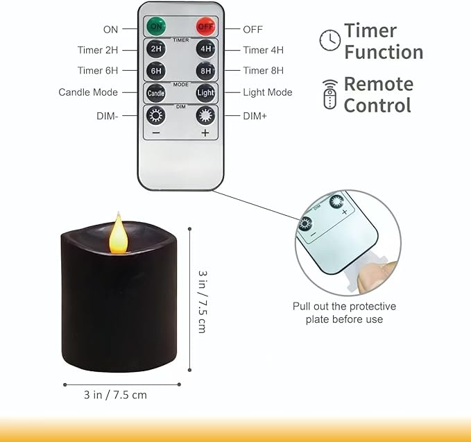 Black Flameless LED Candles 3 inch Diameter Real Wax 2AA Battery Operated 600hr+ Flickering Candles