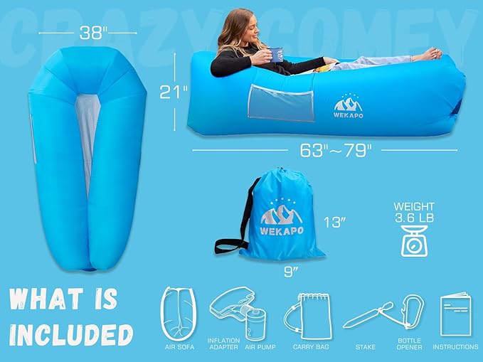 WEKAPO Inflatable Lounger with Pump-Effortless Setup, Ultra-Comfy & Lightweight -Perfect Blow up