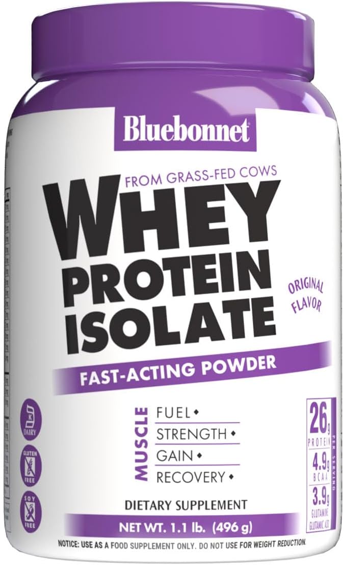 Bluebonnet Nutrition Whey Protein Isolate Powder from Grass Fed Cows, No Sugar Added, Gluten & Soy