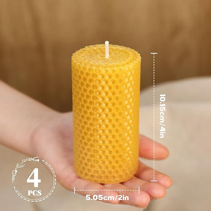 Hand-Rolled Beeswax Candles, 4 Packs, Handcrafted Honeycomb Beeswax Pillar Candles, Natural Bee