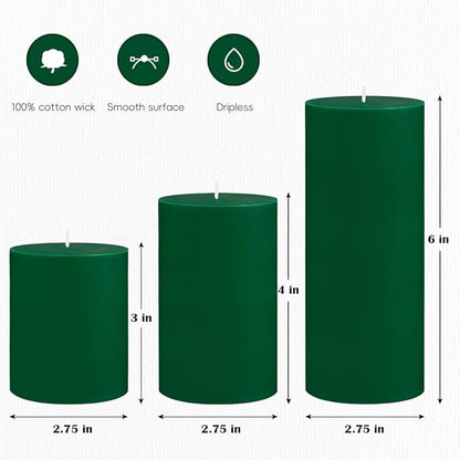 3 Packs Different Size Green Pillar Candles, Unscented Dripless 2.75x3, 2.75x4, 2.75x6 Inch Colored