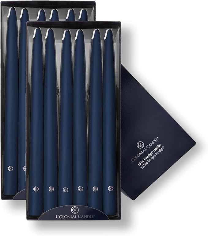 Colonial Candle Indigo Blue Taper Candles Hand Dipped - 12" Tall Candlesticks - Dripless, Unscented