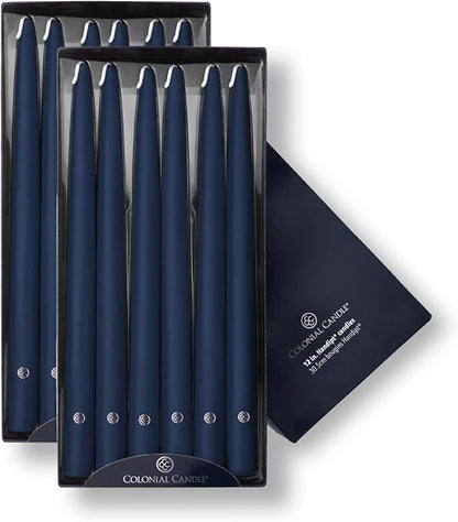 Colonial Candle Indigo Blue Taper Candles Hand Dipped - 12" Tall Candlesticks - Dripless, Unscented