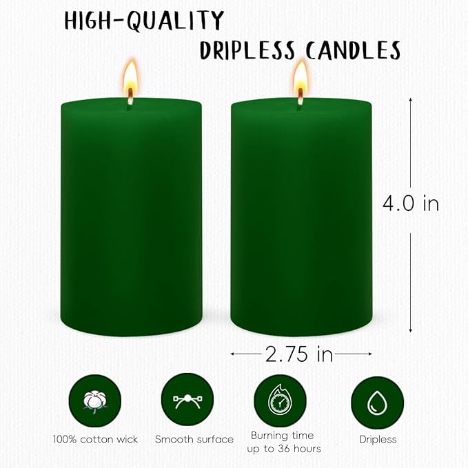 6 Packs 2.75x4 Inch Green Pillar Candles, Unscented Dripless Cylinder Wax Colored Candles for Home