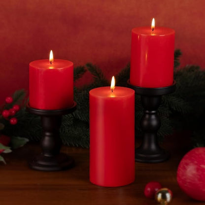 KONNI Red Pillar Candles Set of 3, 3"x 3" Unscented Pillar Candles Bulk, 30 Hours Long Burning