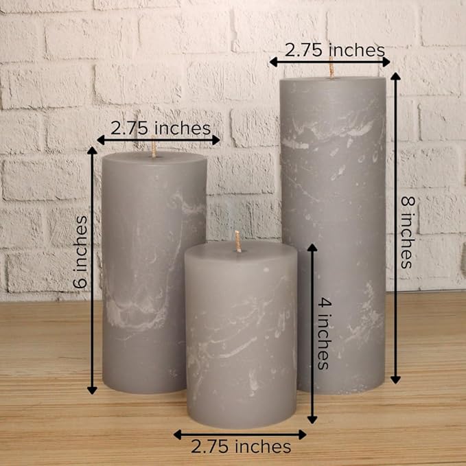 Simply Soson 3x4, 3x6, 3x8 inch Grey Pillar Candles, Set of 3 Pillar Candles, Rustic Texture