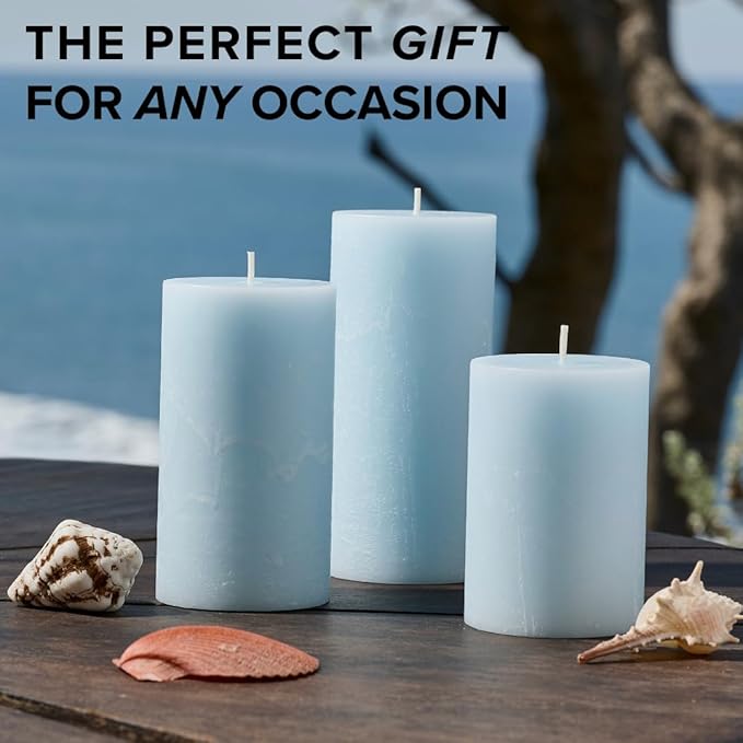 Simply Soson 3x6 inch Light Blue Rustic Sea Salt and Driftwood Pillar Scented Candle - 3 Pack - for
