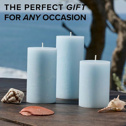 Simply Soson 3x6 inch Light Blue Rustic Sea Salt and Driftwood Pillar Scented Candle - 3 Pack - for