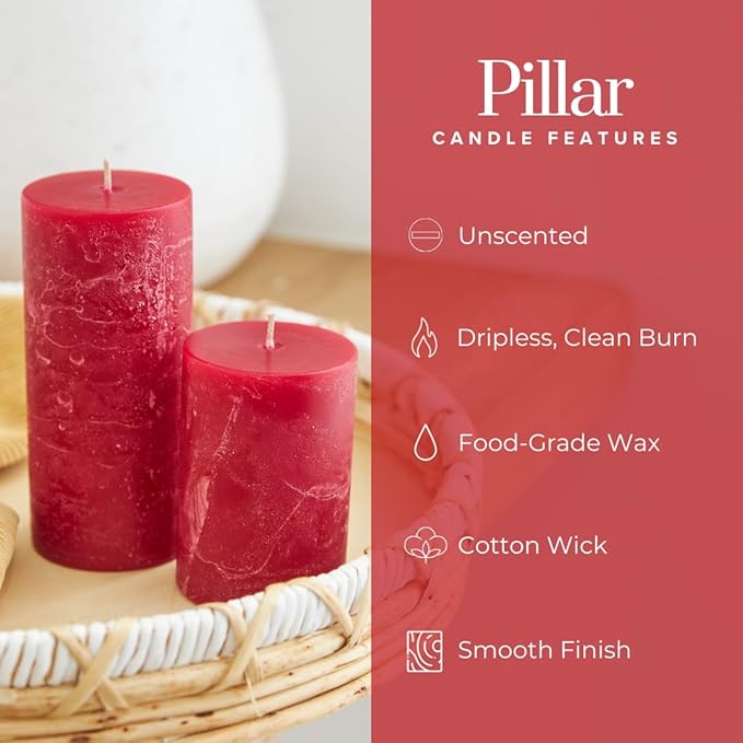 Simply Soson 3x4, 3x6, 3x8 inch Red Pillar Candles, Set of 3 Pillar Candles, Rustic Texture
