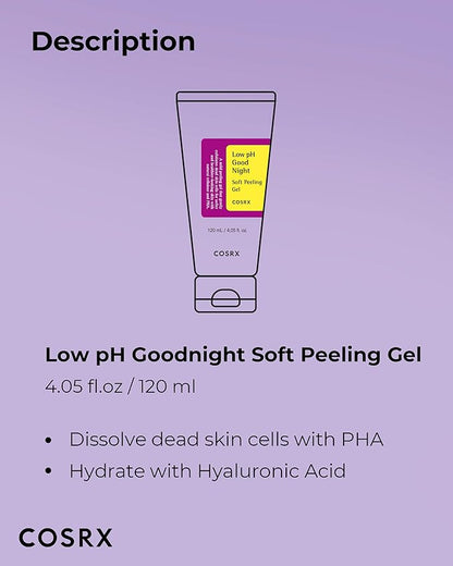 COSRX Low pH Good Night Soft Peeling Gel, 4.05 fl oz / 120ml, Mildly Exfoliating PHA For Sensitive