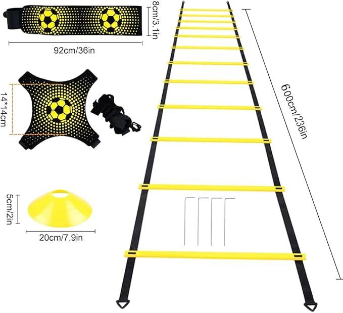 Soccer Speed Agility Training Set - 20FT Agility Ladder 12/16 Sports Cones and Soccer Kick Trainer