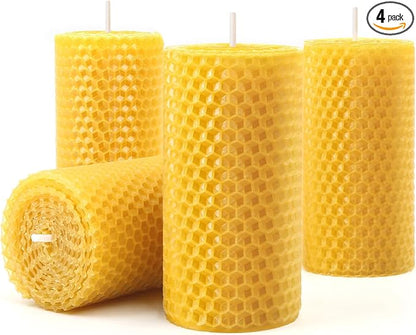 Hand-Rolled Beeswax Candles, 4 Packs, Handcrafted Honeycomb Beeswax Pillar Candles, Natural Bee