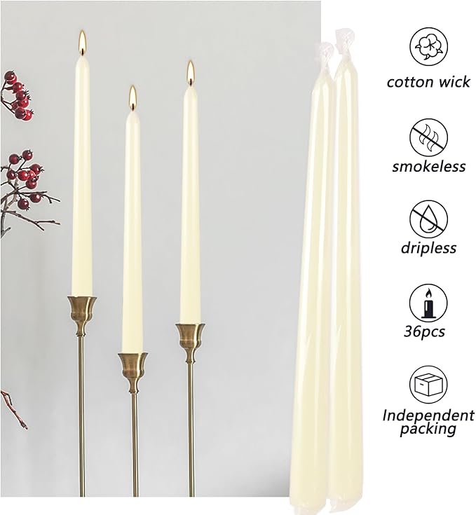 36 Pack Ivory White Taper Candles, 7-8 Hours Burn Time, Unscented, Smokeless and Dripless, 0.8 x 10