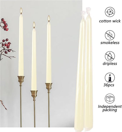 36 Pack Ivory White Taper Candles, 7-8 Hours Burn Time, Unscented, Smokeless and Dripless, 0.8 x 10