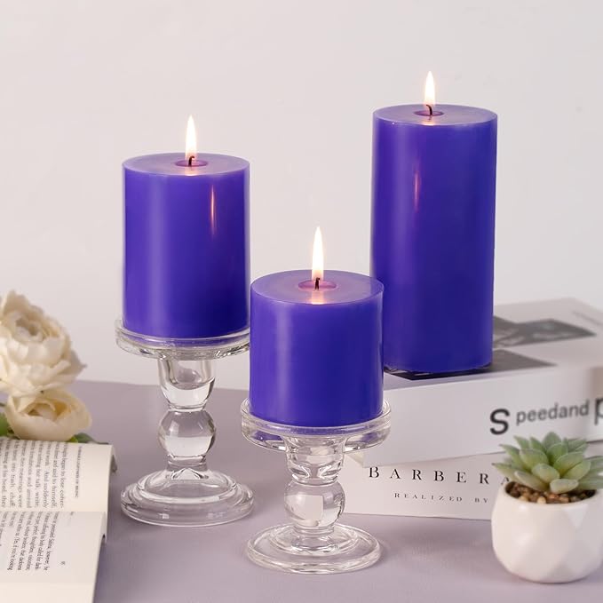 KONNI Violet Pillar Candles Set of 3, 3"x 4" Unscented Pillar Candles Bulk, 39 Hours Long Burning
