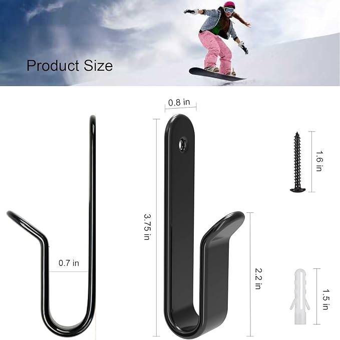 4 Pack Snowboard Wall Mount Clips, Horizontal Skateboard Wall Mount with Screws, Snowboard Display