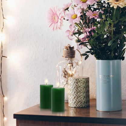 4 Packs 2x3 Inch Green Pillar Candles Small 24 Hours Unscented Dripless Cylinder Colored Candles