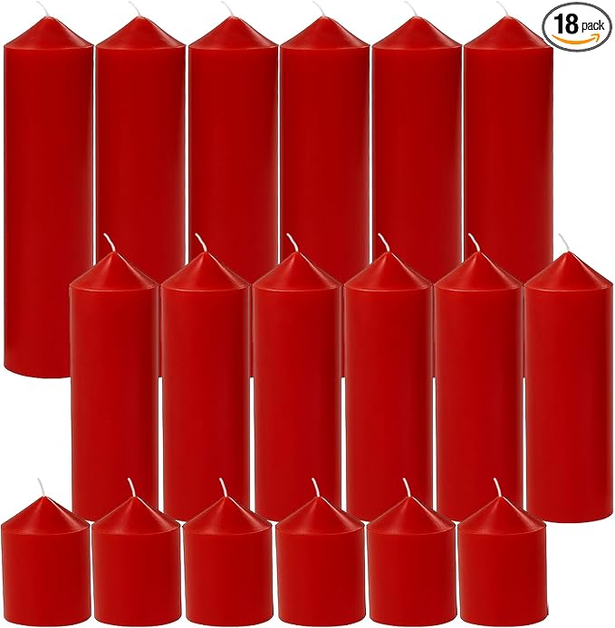 18 Pcs Red Pillar Candles Bulk Set，Hurricane Candlesï¼? Different Lengths (6 Each)，Dripless