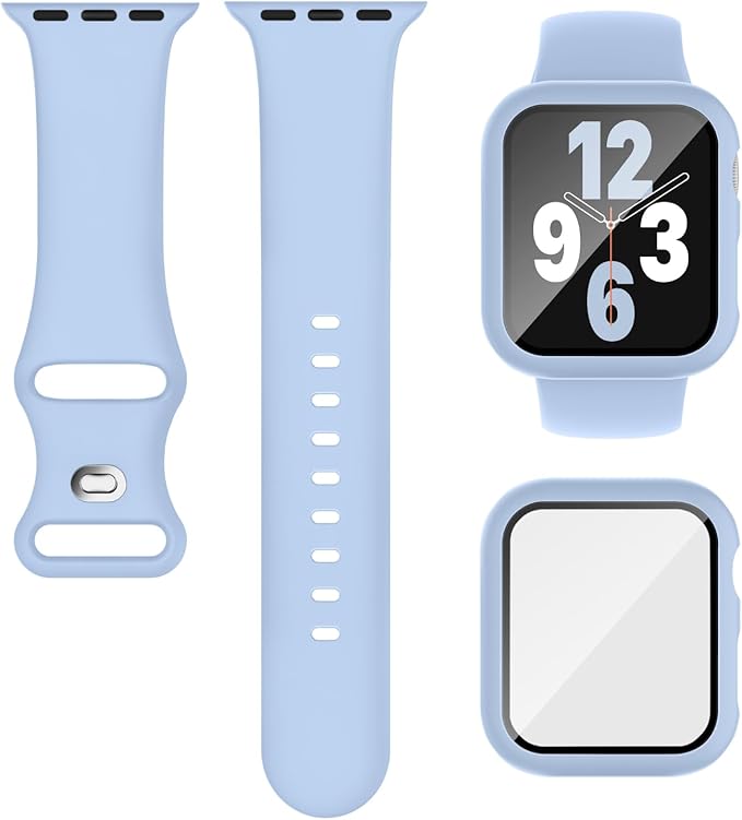 Compatible for Apple Watch Band 44mm 45mm and Case with Screen Protector, Soft Silicone Sport Strap