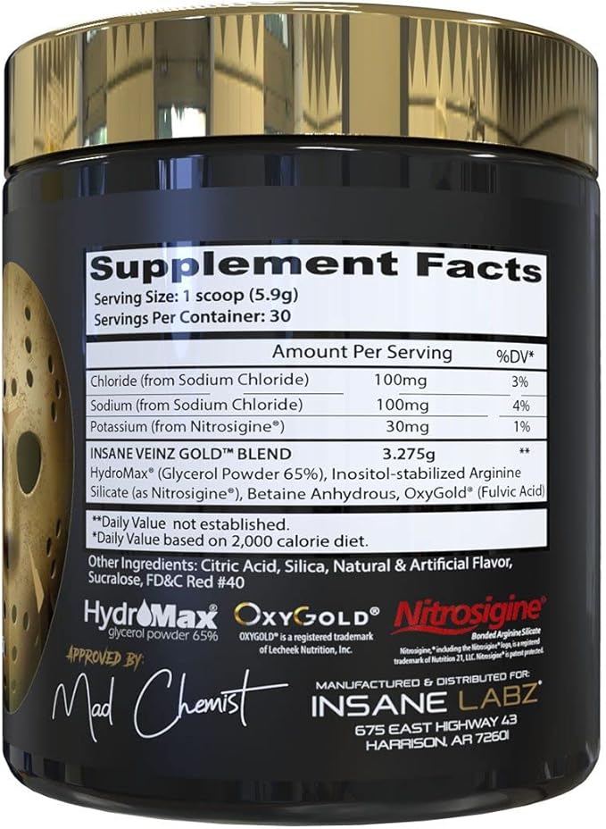 Insane Labz Insane Veinz Gold, Nitric Oxide Non Stimulant pre Workout Powder, Loaded with Hydromax