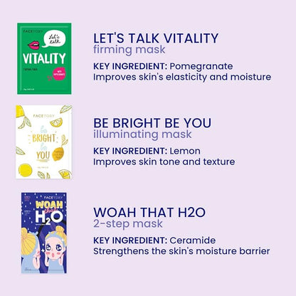 FACETORY K Beauty Face Mask Skin Care - BEST OF 7 COLLECTION Sheet Mask Set (14 pc) | Natural