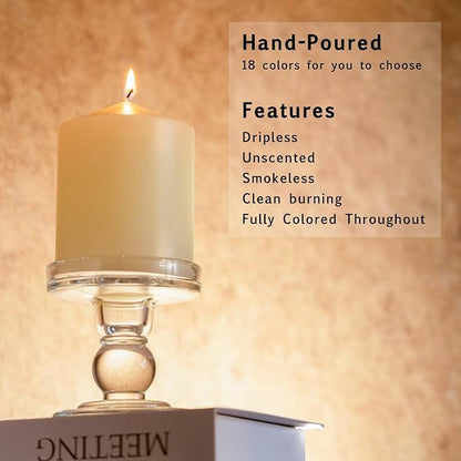 MOZEAL 3" x 4" Hand-Poured Unscented Ivory Pillar Candles,Dripless Candles Set of 3,Smokeless,Clean