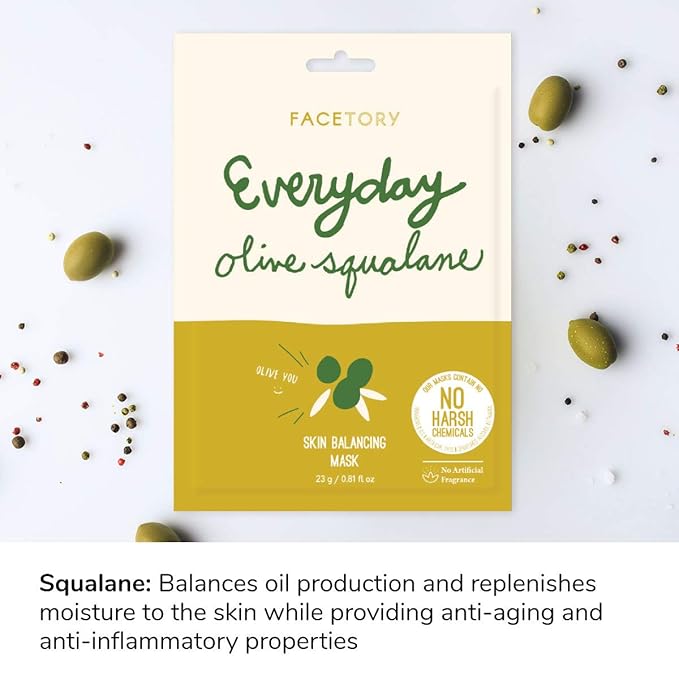 FACETORY K Beauty Face Mask Skin Care - Everyday OLIVE Skin Balancing Sheet Mask | Plant-Based with