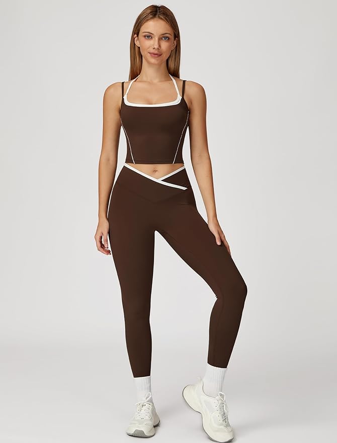 ABOCIW Workout Sets for Women 2 Piece Color Block Strappy Sports Bra High Waist Leggings Gym Yoga