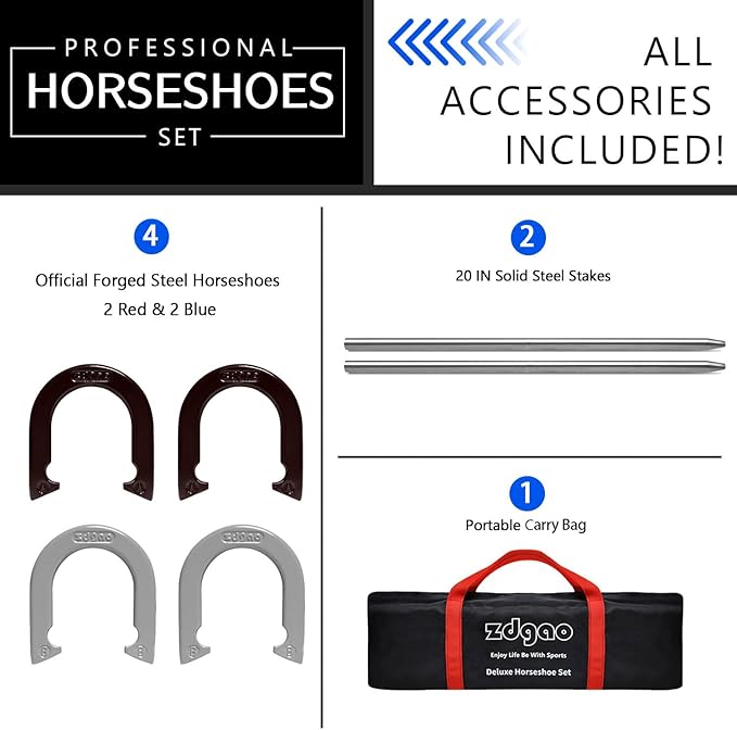 Horseshoes Outside Game Set-Portable Outdoor Horseshoe Set Includes 4 Professional Solid Steel