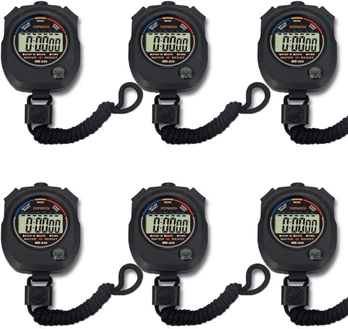 6 Pack Multi-Function Electronic Digital Sport Stopwatch Timer, Large Display with Date Time and