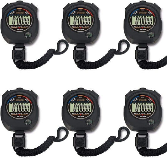 6 Pack Multi-Function Electronic Digital Sport Stopwatch Timer, Large Display with Date Time and