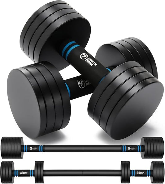 Northdeer V2.0 Upgraded Adjustable Steel Dumbbells 40LB / 60LB - 2 in 1 Dumbbell Barbell Set for