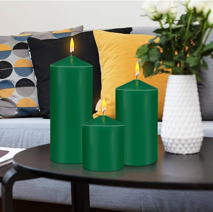 Pillar Candles 3 x 4, 6, and 8 inches, Large Handmade Candles Set of 3, Green Decorative Candles