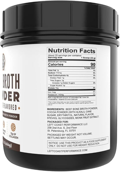 16oz Chocolate Bone Broth Protein Powder From Grass Fed Beef - Non-GMO Ingredients, Gut-Friendly