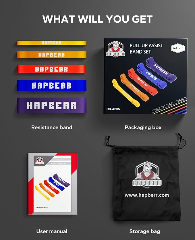 HAPBEAR Pull Up Assistance Bands Set of 5 - Resistance Bands for Working Out, Stretching, Physical