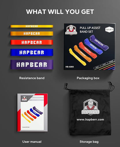 HAPBEAR Pull Up Assistance Bands Set of 5 - Resistance Bands for Working Out, Stretching, Physical