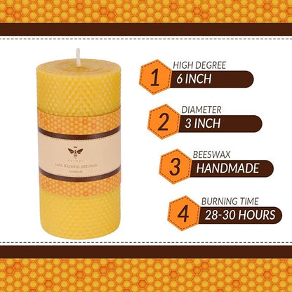 Beeswax Pillar Candle - 3×6 in Handmade Pure Beeswax Rolled Candle for Gift & Home Decor
