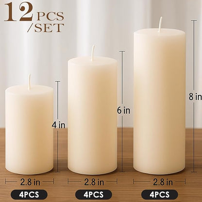 Ivory Pillar Candles Set, 12 Packs, 2.8 in x 4, 6, 8 Inch Assorted Size Unscented Pillar Candles